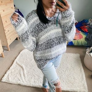Striped fuzzy plush v neck sweater
